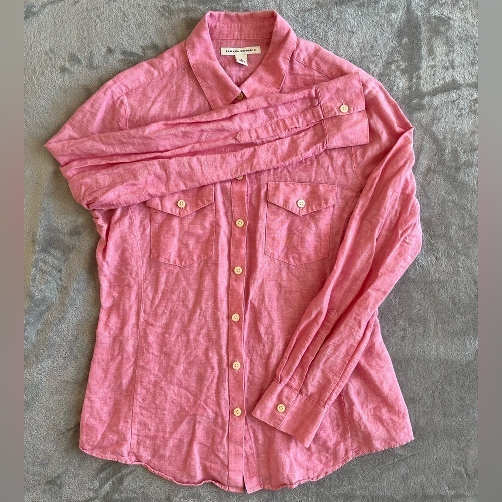 Banana Republic Pink Linen Roll Sleeve Button Up Shirt S